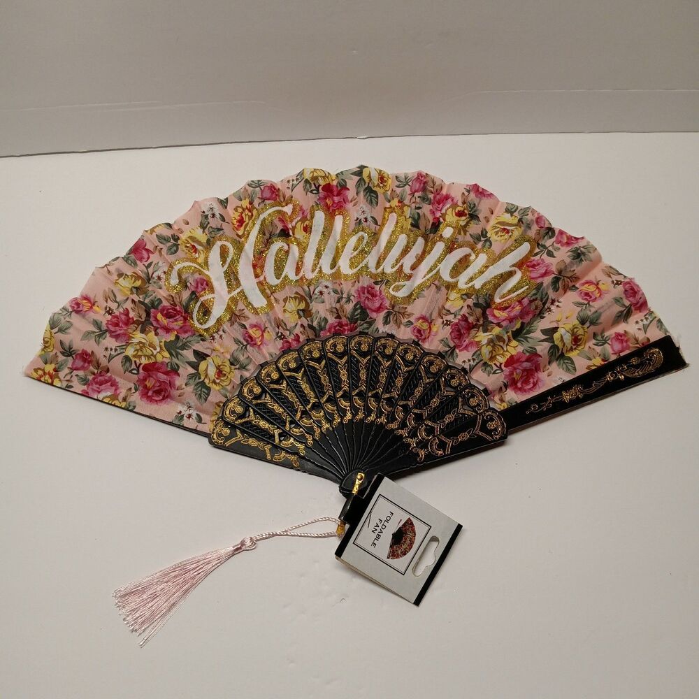 Fan Handheld Foldable Accordion Fabric Hallelujah Golden Glitter Floral Pink NEW